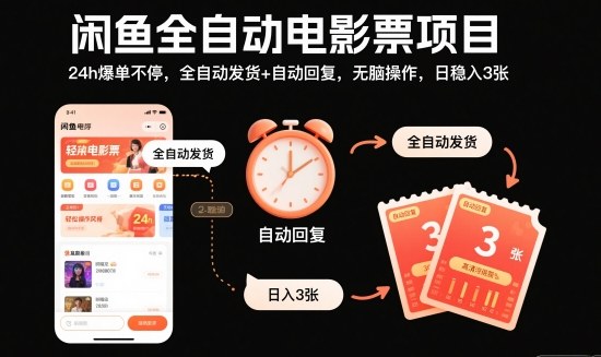 闲鱼全自动电影票项目,24h爆单不停,全自动发货+自动回复,无脑操作,日稳入3张【揭秘】插图 闲鱼全自动电影票项目,24h爆单不停,全自动发货+自动回复,无脑操作,日稳入3张【揭秘】