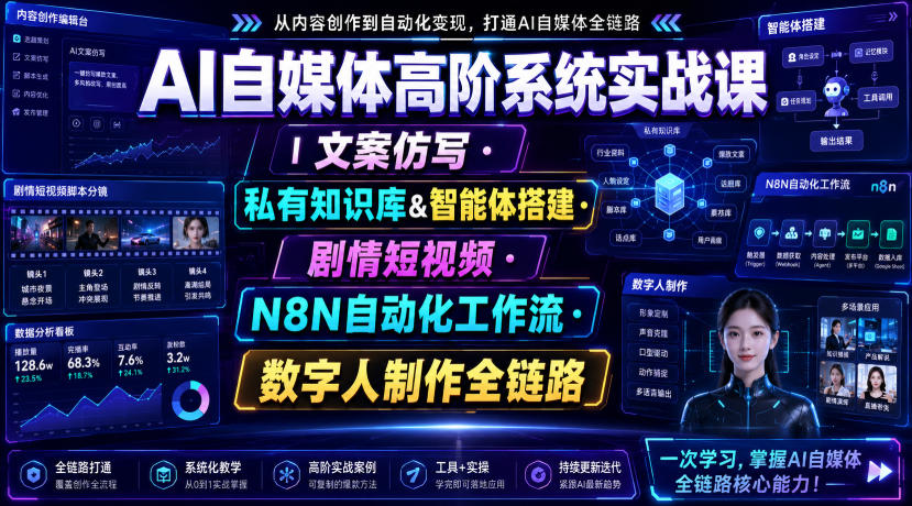 AI自媒体高阶系统实战课|文案仿写私有知识库&智能体搭建剧情短视频N8N自动化工作流数字人制作全链路插图 AI自媒体高阶系统实战课|文案仿写私有知识库&智能体搭建剧情短视频N8N自动化工作流数字人制作全链路