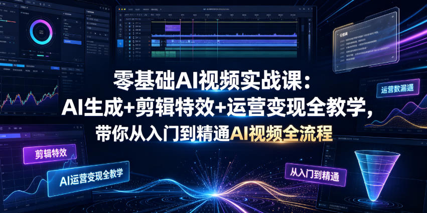 零基础AI视频实战课：AI生成+剪辑特效+运营变现全教学，带你从入门到精通AI视频全流程