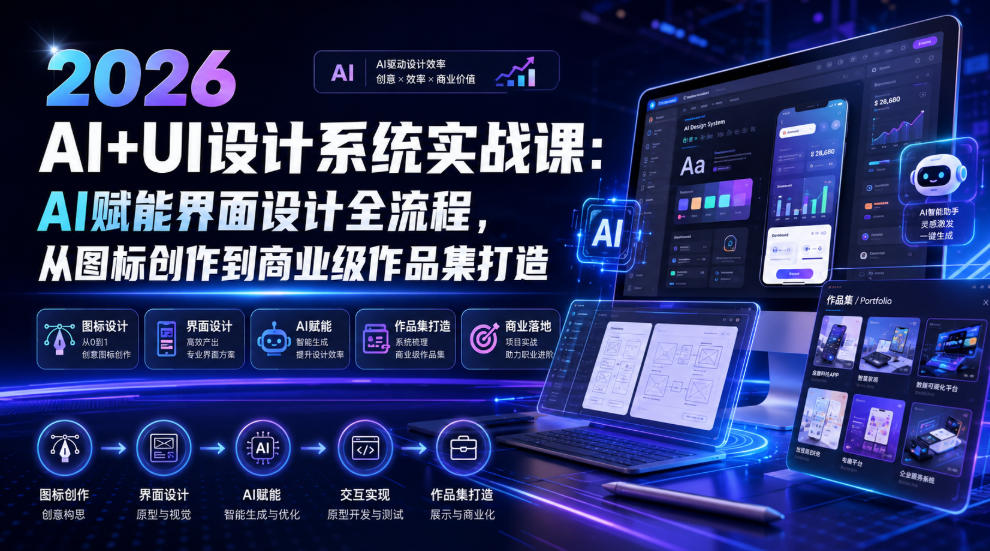2026 AI+UI设计系统实战课:AI赋能界面设计全流程,从图标创作到商业级作品集打造插图 2026 AI+UI设计系统实战课:AI赋能界面设计全流程,从图标创作到商业级作品集打造