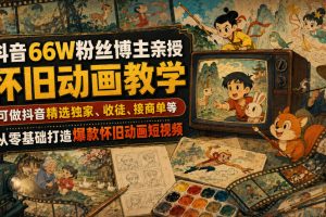 抖音66W粉丝博主亲授怀旧动画教学，可做抖音精选独家、收徒、接商单等，从零基础打造爆款怀旧动画短视频