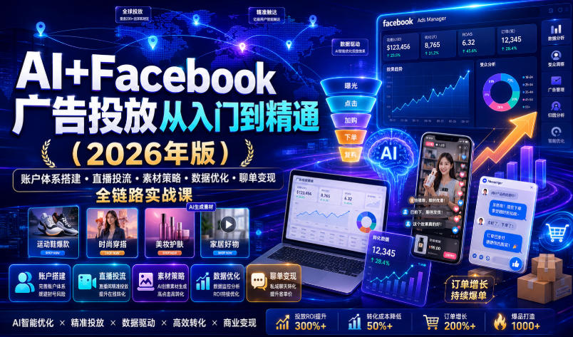 AI+Facebook广告投放从入门到精通(2026年版)|账户体系搭建直播投流素材策略数据优化聊单变现全链路实战课插图 AI+Facebook广告投放从入门到精通(2026年版)|账户体系搭建直播投流素材策略数据优化聊单变现全链路实战课