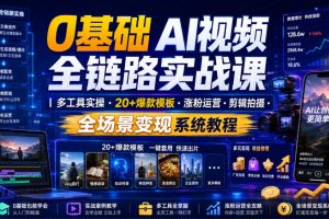 0基础AI视频全链路实战课｜多工具实操20+爆款模板涨粉运营剪辑拍摄全场景变现系统教程
