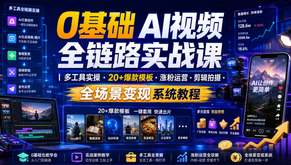 0基础AI视频全链路实战课｜多工具实操20+爆款模板涨粉运营剪辑拍摄全场景变现系统教程