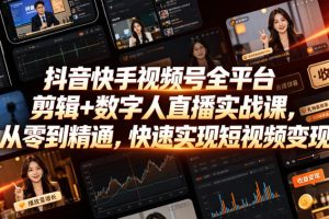 抖音快手视频号全平台剪辑+数字人直播实战课，从零到精通，快速实现短视频变现(更新2026年6月)