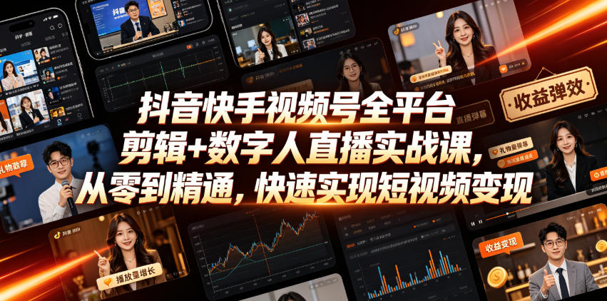 抖音快手视频号全平台剪辑+数字人直播实战课,从零到精通,快速实现短视频变现(更新2026年6月)插图 抖音快手视频号全平台剪辑+数字人直播实战课,从零到精通,快速实现短视频变现(更新2026年6月)