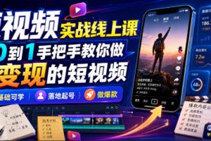 短视频实战线上课，从0到1手把手教你做能变现的短视频，零基础可学，落地起号做爆款