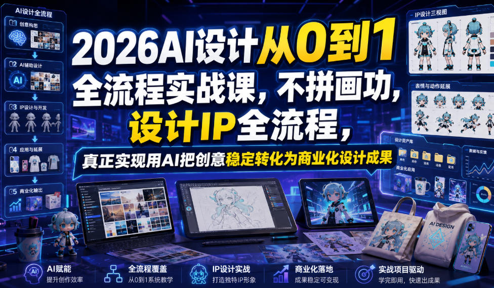 2026AI设计从0到1全流程实战课,不拼画功,设计IP全流程,真正实现用AI把创意稳定转化为商业化设计成果插图 2026AI设计从0到1全流程实战课,不拼画功,设计IP全流程,真正实现用AI把创意稳定转化为商业化设计成果