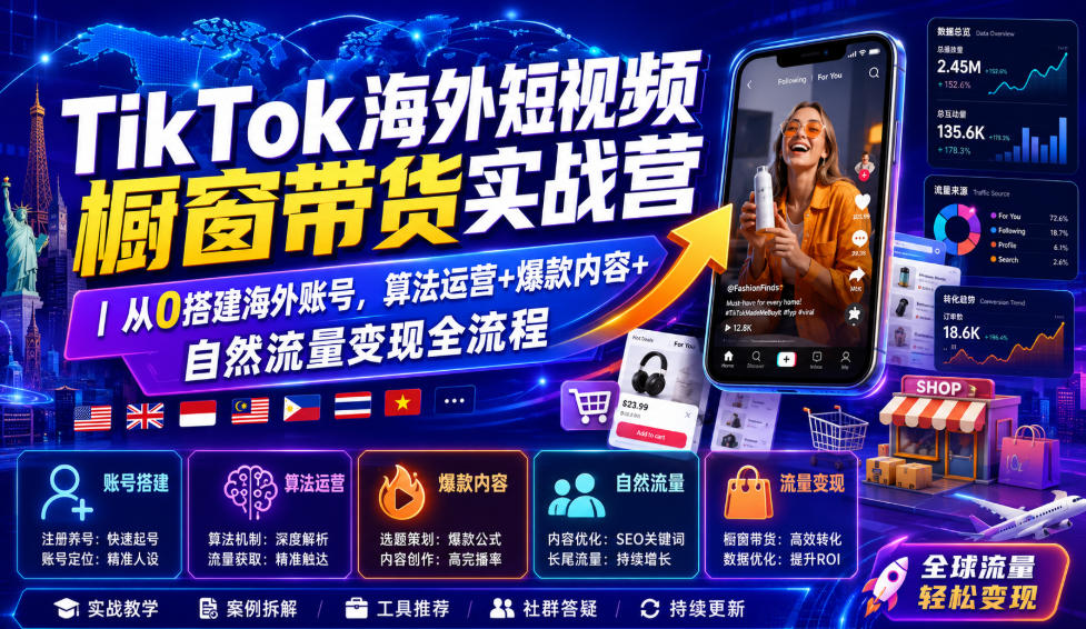 TikTok海外短视频橱窗带货实战营|从0搭建海外账号,算法运营+爆款内容+自然流量变现全流程插图 TikTok海外短视频橱窗带货实战营|从0搭建海外账号,算法运营+爆款内容+自然流量变现全流程