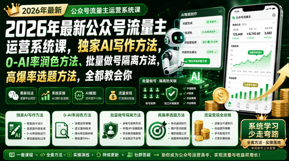 2026年最新公众号流量主运营系统课,独家AI写作方法,0-AI率润色方法、批量做号隔离方法、高爆率选题方法,全都教会你插图 2026年最新公众号流量主运营系统课,独家AI写作方法,0-AI率润色方法、批量做号隔离方法、高爆率选题方法,全都教会你