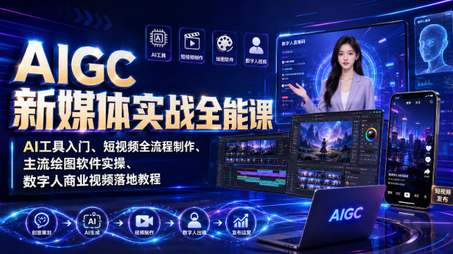 AIGC新媒体实战全能课|AI工具入门、短视频全流程制作、主流绘图软件实操、数字人商业视频落地教程