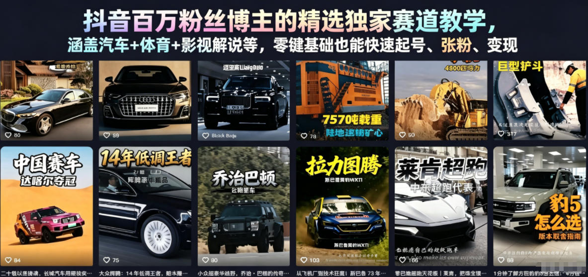 抖音百万粉丝博主的精选独家赛道教学,涵盖汽车+体育+影视解说等,零基础也能快速起号、涨粉、变现(更新0701)插图 抖音百万粉丝博主的精选独家赛道教学,涵盖汽车+体育+影视解说等,零基础也能快速起号、涨粉、变现(更新0701)