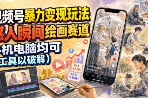视频号暴力变现玩法，感人瞬间绘画赛道，手机电脑均可