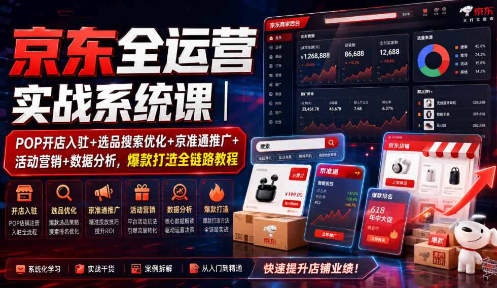 京东全运营实战系统课|POP开店入驻+选品搜索优化+京准通推广+活动营销+数据分析,爆款打造全链路教程插图 京东全运营实战系统课|POP开店入驻+选品搜索优化+京准通推广+活动营销+数据分析,爆款打造全链路教程