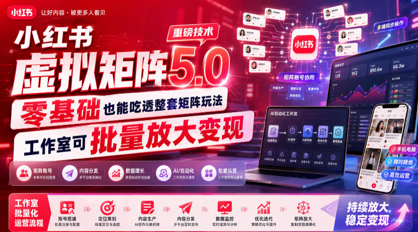 小红书虚拟矩阵5.0重磅技术,零基础也能吃透整套矩阵玩法,工作室可批量放大变现插图 小红书虚拟矩阵5.0重磅技术,零基础也能吃透整套矩阵玩法,工作室可批量放大变现