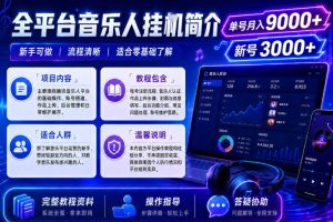 全平台音乐类挂G，单机单号月入9000+，可矩阵，可工作室放大操作【揭秘】