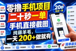零撸手机项目，二十秒一单，手机直接截图，纯薅羊毛，一天200+做就有【揭秘】