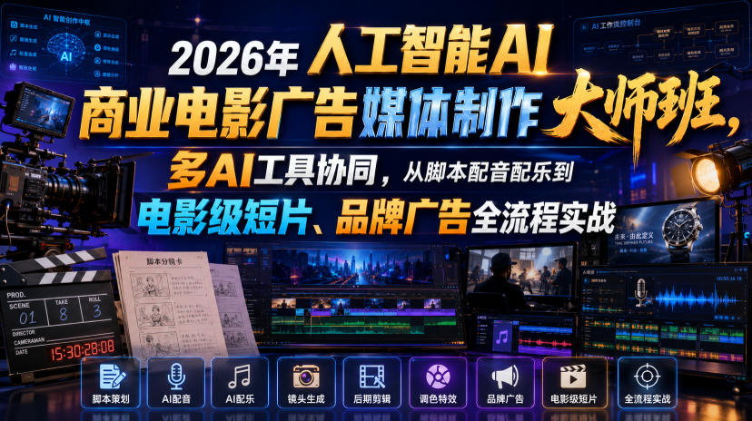 2026年人工智能AI商业电影广告媒体制作大师班,多AI工具协同,从脚本配音配乐到电影级短片、品牌广告全流程实战(中英字幕)插图 2026年人工智能AI商业电影广告媒体制作大师班,多AI工具协同,从脚本配音配乐到电影级短片、品牌广告全流程实战(中英字幕)