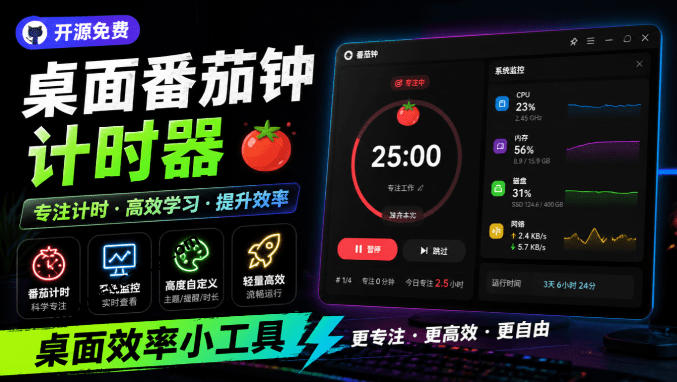 仅1.16MB,开源极简的桌面时钟、番茄钟计时器,还支持系统监控显示,桌面效率小工具Catime插图 仅1.16MB,开源极简的桌面时钟、番茄钟计时器,还支持系统监控显示,桌面效率小工具Catime
