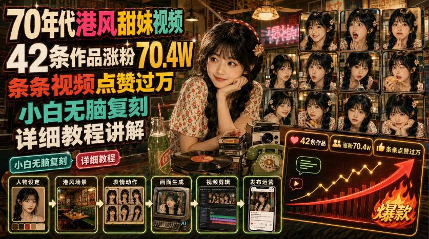 70年代港风甜妹视频,42条作品涨粉70.4W,条条视频点赞过万,小白无脑复刻,详细教程讲解插图 70年代港风甜妹视频,42条作品涨粉70.4W,条条视频点赞过万,小白无脑复刻,详细教程讲解