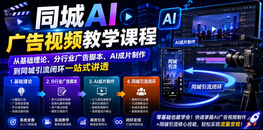 同城AI广告视频教学课程,从基础理论、分行业广告脚本、AI成片制作到同城引流闭环一站式讲透插图 同城AI广告视频教学课程,从基础理论、分行业广告脚本、AI成片制作到同城引流闭环一站式讲透