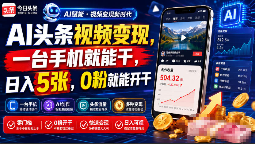 AI头条视频变现,一台手机就能干,日入5张,0粉就能开干插图 AI头条视频变现,一台手机就能干,日入5张,0粉就能开干