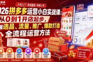2026拼多多运营小白实战课：从0到1开店起步，掌握选品、流量、推广、爆款打造全流程运营方法