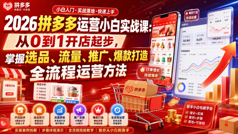 2026拼多多运营小白实战课:从0到1开店起步,掌握选品、流量、推广、爆款打造全流程运营方法插图 2026拼多多运营小白实战课:从0到1开店起步,掌握选品、流量、推广、爆款打造全流程运营方法