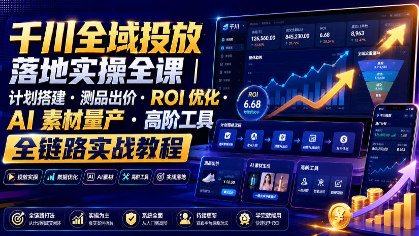 千川全域投放落地实操全课|计划搭建测品出价ROI优化AI素材量产高阶工具全链路实战教程插图 千川全域投放落地实操全课|计划搭建测品出价ROI优化AI素材量产高阶工具全链路实战教程