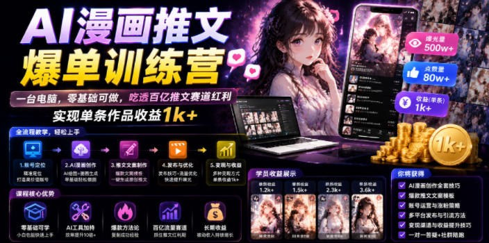 AI漫画推文爆单训练营,一台电脑,零基础可做,吃透百亿推文赛道红利,实现单条作品收益1k+插图 AI漫画推文爆单训练营,一台电脑,零基础可做,吃透百亿推文赛道红利,实现单条作品收益1k+