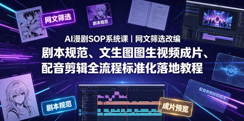 AI漫剧SOP系统课|网文筛选改编、剧本规范、文生图图生视频成片、配音剪辑全流程标准化落地教程插图 AI漫剧SOP系统课|网文筛选改编、剧本规范、文生图图生视频成片、配音剪辑全流程标准化落地教程