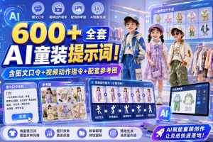 600+全套AI童装提示词！含图文口令+视频动作指令+配套参考图，Word-Excel规整分类，童装电商、种草无脑量产内容！