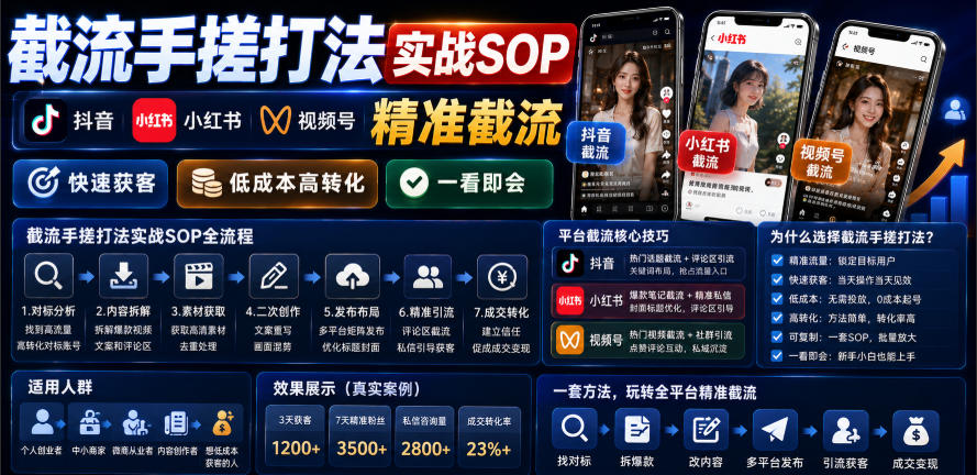 截流手搓打法实战SOP,抖音小红书视频号精准截流,快速获客,低成本高转化,一看即会插图 截流手搓打法实战SOP,抖音小红书视频号精准截流,快速获客,低成本高转化,一看即会