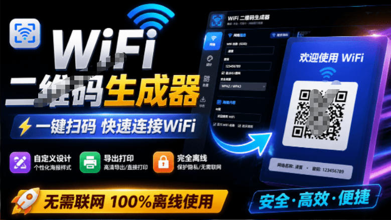 完全离线使用!WiFi二维码生成器,一键扫码快速连接WiFi,支持自定义风格导出WiFi二维码生成器插图 完全离线使用!WiFi二维码生成器,一键扫码快速连接WiFi,支持自定义风格导出WiFi二维码生成器