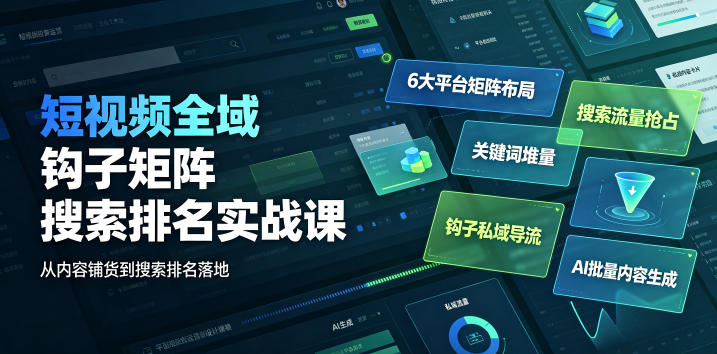 短视频全域钩子矩阵搜索排名实战课|6大平台矩阵布局、关键词堆量抢占搜索流量、钩子私域导流、AI批量内容生成插图 短视频全域钩子矩阵搜索排名实战课|6大平台矩阵布局、关键词堆量抢占搜索流量、钩子私域导流、AI批量内容生成
