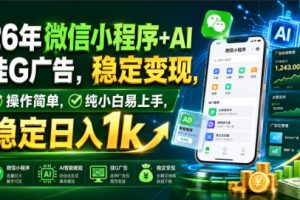 26年微信小程序+AI挂G广告，稳定变现，操作简单，纯小白易上手，稳定日入1k【揭秘】