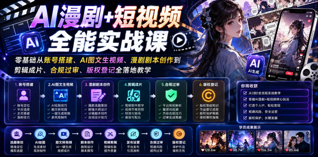 AI漫剧+短视频全能实战课|零基础从账号搭建、AI图文生视频、漫剧剧本创作到剪辑成片、合规过审、版权登记全落地教学插图 AI漫剧+短视频全能实战课|零基础从账号搭建、AI图文生视频、漫剧剧本创作到剪辑成片、合规过审、版权登记全落地教学