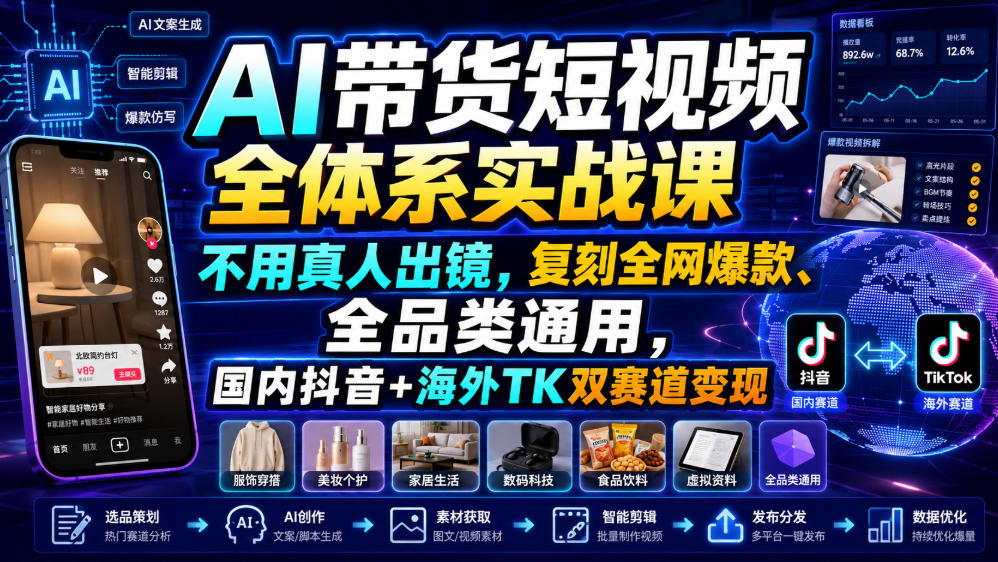 AI带货短视频全体系实战课,不用真人出镜,复刻全网爆款、全品类通用,国内抖音+海外TK双赛道变现插图 AI带货短视频全体系实战课,不用真人出镜,复刻全网爆款、全品类通用,国内抖音+海外TK双赛道变现