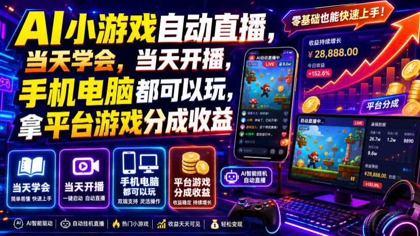 AI小游戏自动直播,当天学会,当天开播,手机电脑都可以玩,拿平台游戏分成收益插图 AI小游戏自动直播,当天学会,当天开播,手机电脑都可以玩,拿平台游戏分成收益