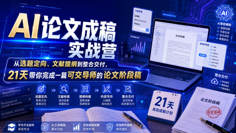 AI论文成稿实战营,从选题定向、文献提纲到整合交付,21天带你完成一篇可交导师的论文阶段稿插图 AI论文成稿实战营,从选题定向、文献提纲到整合交付,21天带你完成一篇可交导师的论文阶段稿