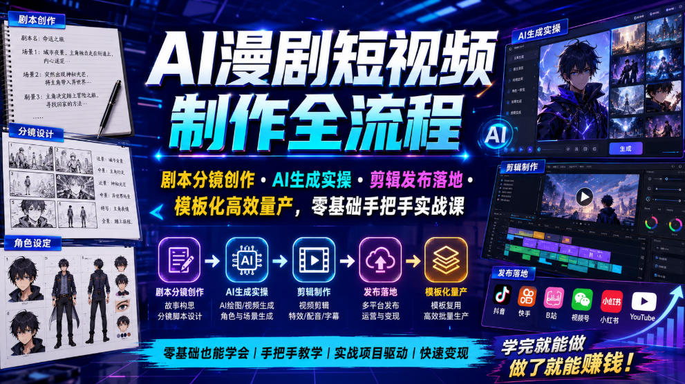 AI漫剧短视频制作全流程|剧本分镜创作AI生成实操剪辑发布落地模板化高效量产,零基础手把手实战课插图 AI漫剧短视频制作全流程|剧本分镜创作AI生成实操剪辑发布落地模板化高效量产,零基础手把手实战课