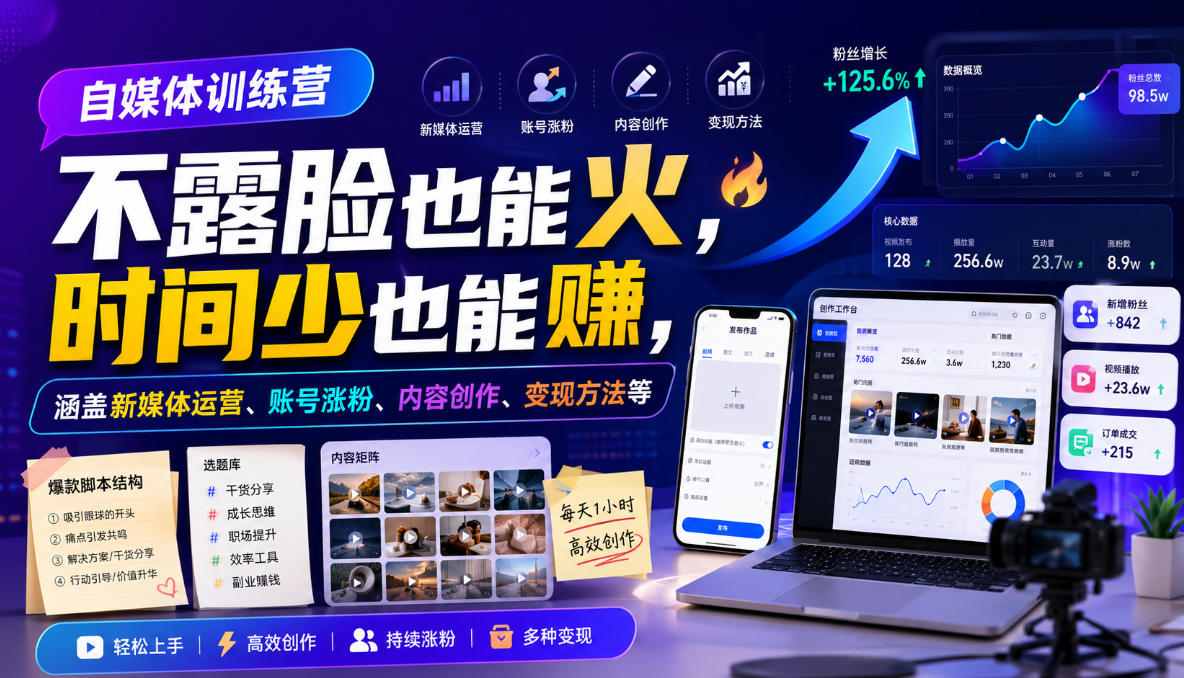 自媒体训练营,不露脸也能火,时间少也能賺,涵盖新媒体运营、账号涨粉、内容创作、变现方法等插图 自媒体训练营,不露脸也能火,时间少也能賺,涵盖新媒体运营、账号涨粉、内容创作、变现方法等