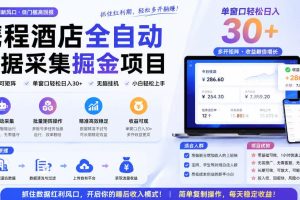 携程酒店全自动采集项目，全程自动浏览，可批量矩阵放大，单机日收300+【揭秘】