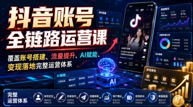 抖音账号全链路运营课,覆盖账号搭建、流量提升、AI赋能、变现落地完整运营体系插图 抖音账号全链路运营课,覆盖账号搭建、流量提升、AI赋能、变现落地完整运营体系