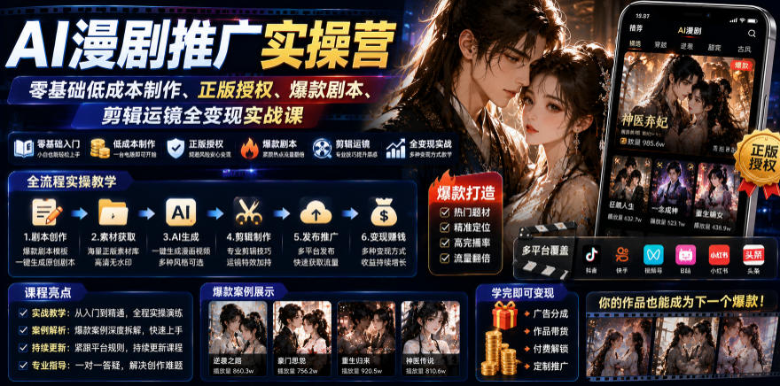 AI漫剧推广实操营|零基础低成本制作、正版授权、爆款剧本、剪辑运镜全变现实战课插图 AI漫剧推广实操营|零基础低成本制作、正版授权、爆款剧本、剪辑运镜全变现实战课
