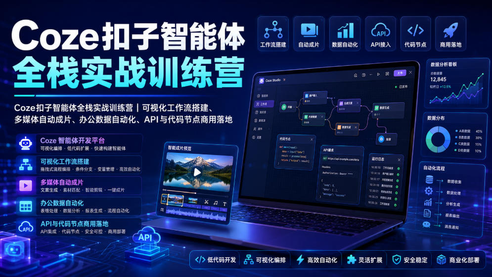 Coze扣子智能体全栈实战训练营|可视化工作流搭建、多媒体自动成片、办公数据自动化、API与代码节点商用落地插图 Coze扣子智能体全栈实战训练营|可视化工作流搭建、多媒体自动成片、办公数据自动化、API与代码节点商用落地