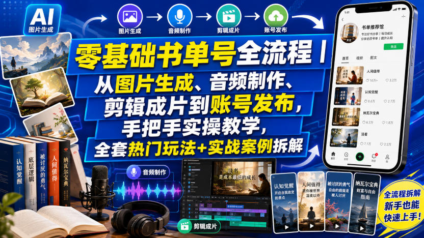 零基础书单号全流程|从图片生成、音频制作、剪辑成片到账号发布,手把手实操教学,全套热门玩法+实战案例拆解插图 零基础书单号全流程|从图片生成、音频制作、剪辑成片到账号发布,手把手实操教学,全套热门玩法+实战案例拆解