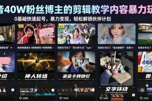 抖音40W粉丝博主的剪辑教学内容暴力玩法，0基础快速起号，暴力变现，轻松解锁伙伴计划+精选独家