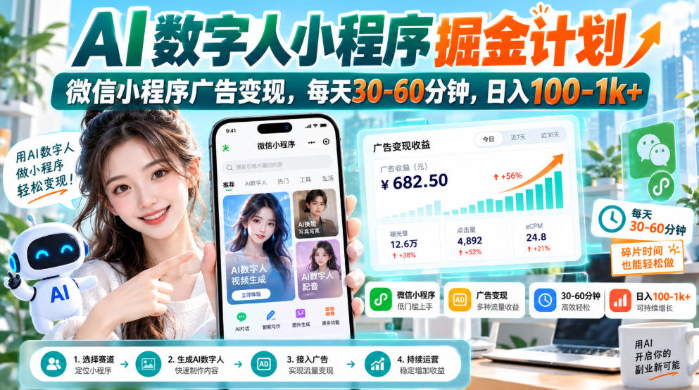 【无水印】AI数字人小程序掘金计划,微信小程序广告变现,每天30-60分钟,日入100-1k+