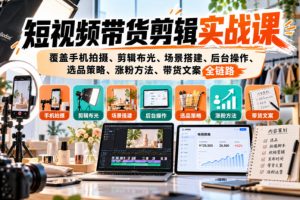 短视频带货剪辑实战课，覆盖手机拍摄、剪辑布光、场景搭建、后台操作、选品策略、涨粉方法、带货文案全链路